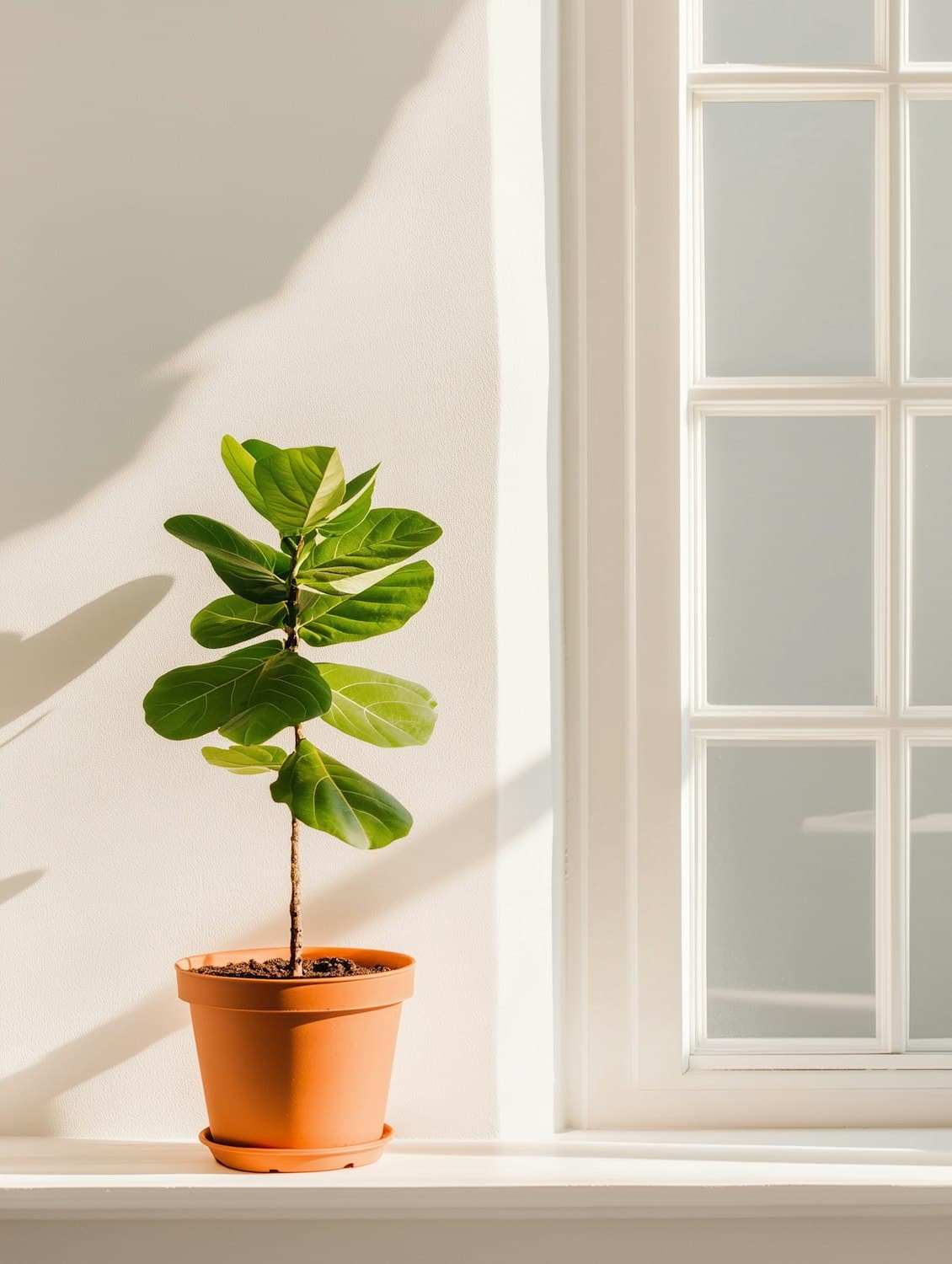 A small potted plant on a sunny windowsill
