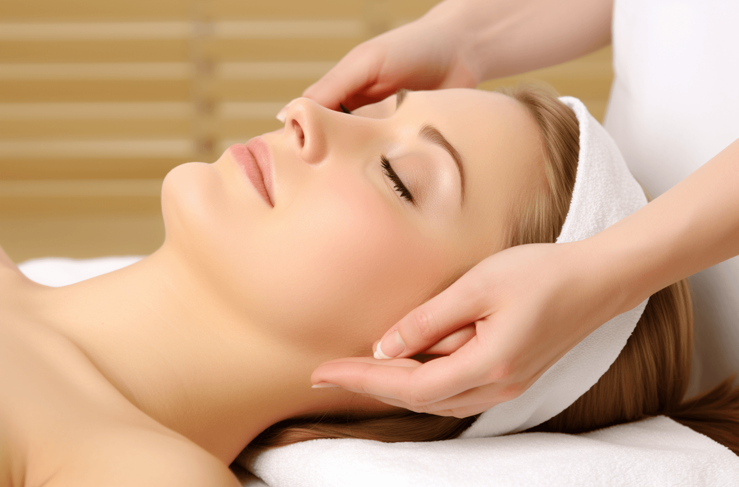 A client resting with her eyes closed while gentle hands support her head