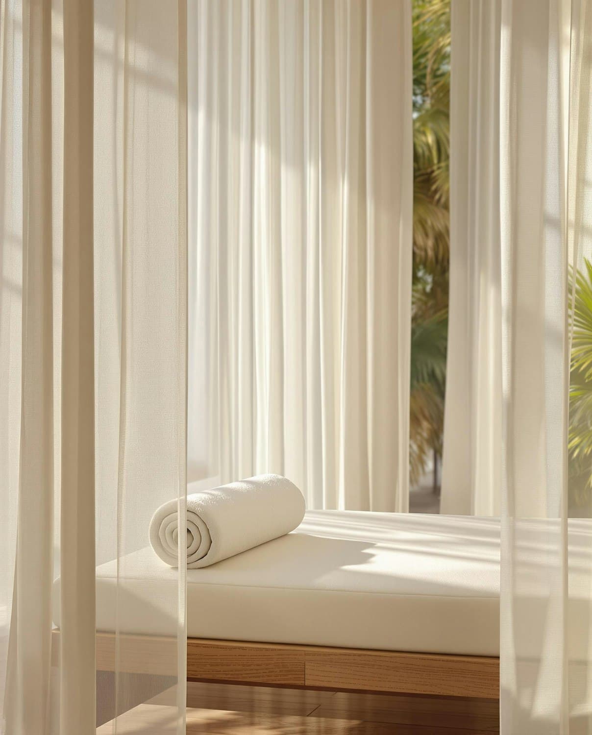 A quiet treatment room with a cushioned table, a rolled towel and sheer curtains in soft morning light
