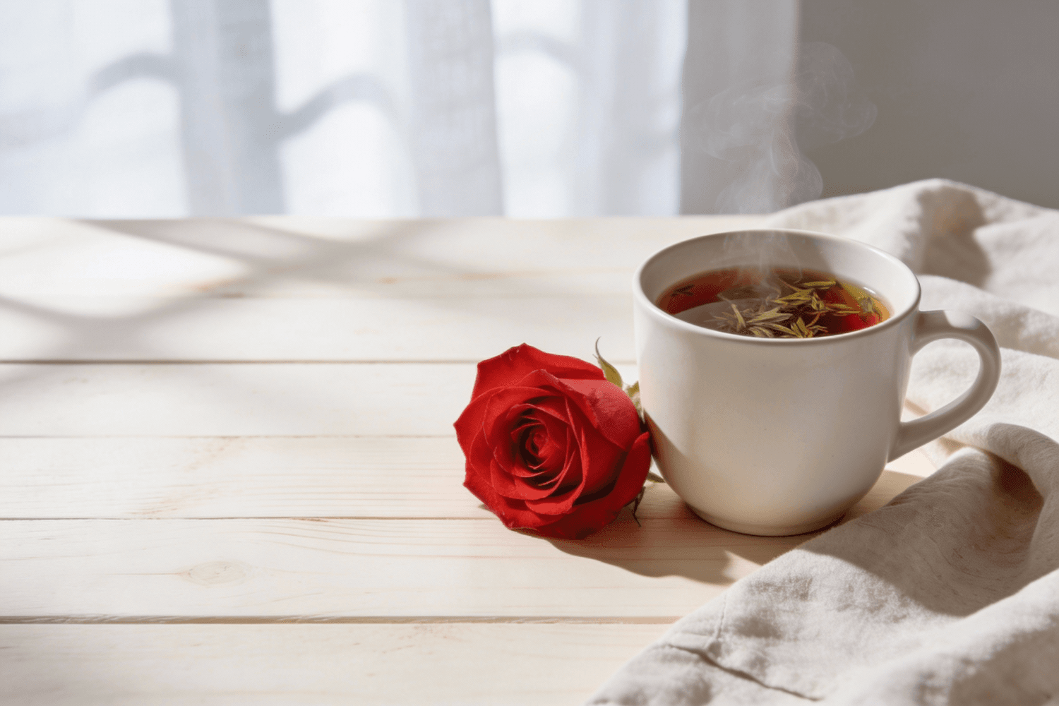A cup of herbal tea on a sunlit wooden table